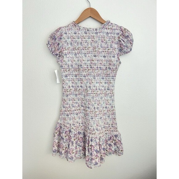 LOVESHACKFANCY Floral Smocked Mini Dress Puff Sleeve Asymmetric Ruffle Coquette - Picture 9 of 13